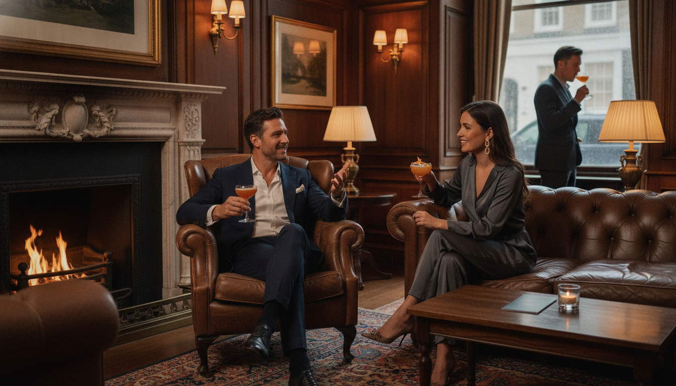 Entspanntes Gespräch bei Cocktails in einer exklusiven Mitglieder-Lounge in London
