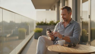Mann tippt entspannt eine Nachricht auf dem Smartphone bei warmem Morgenlicht auf dem Balkon